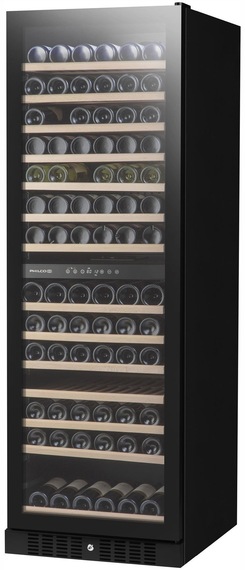 Холодильник Philco для вина, 177х59.5х68, холод.відд.-418л, зон - 1, бут-166, диспл, підсвітка, чорний фото